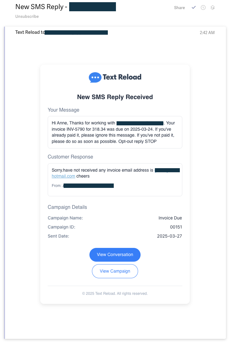 A new SMS reply notification