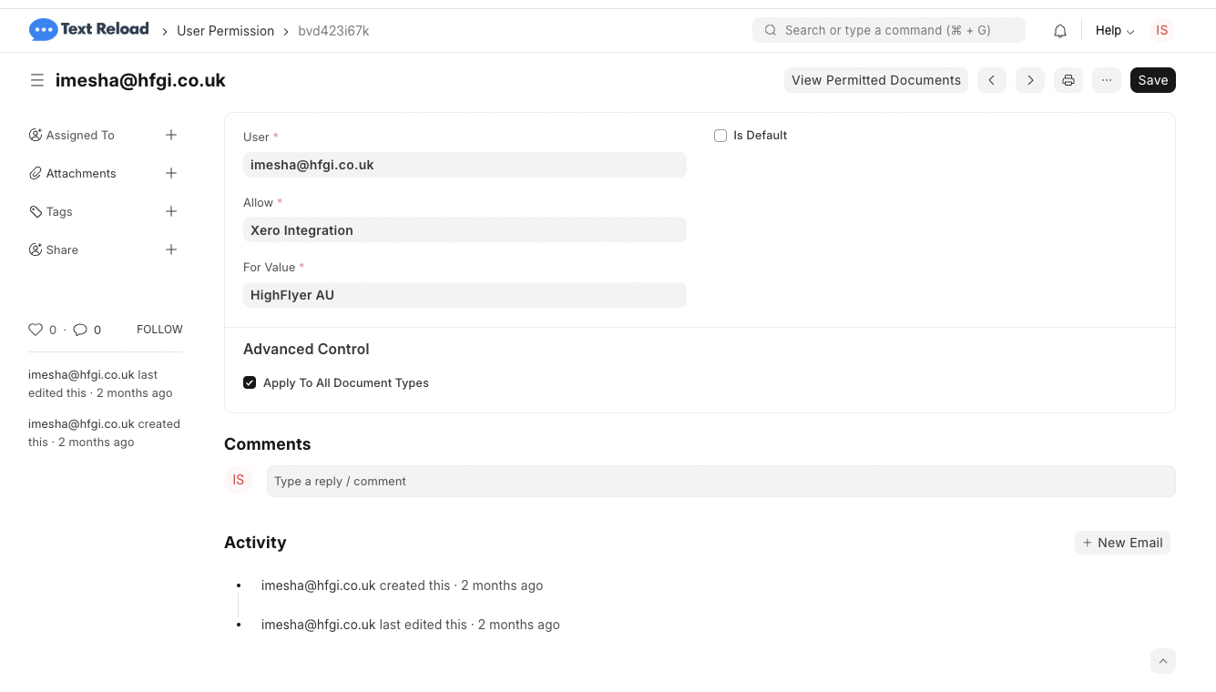 An example user permissions restricting access to an organization