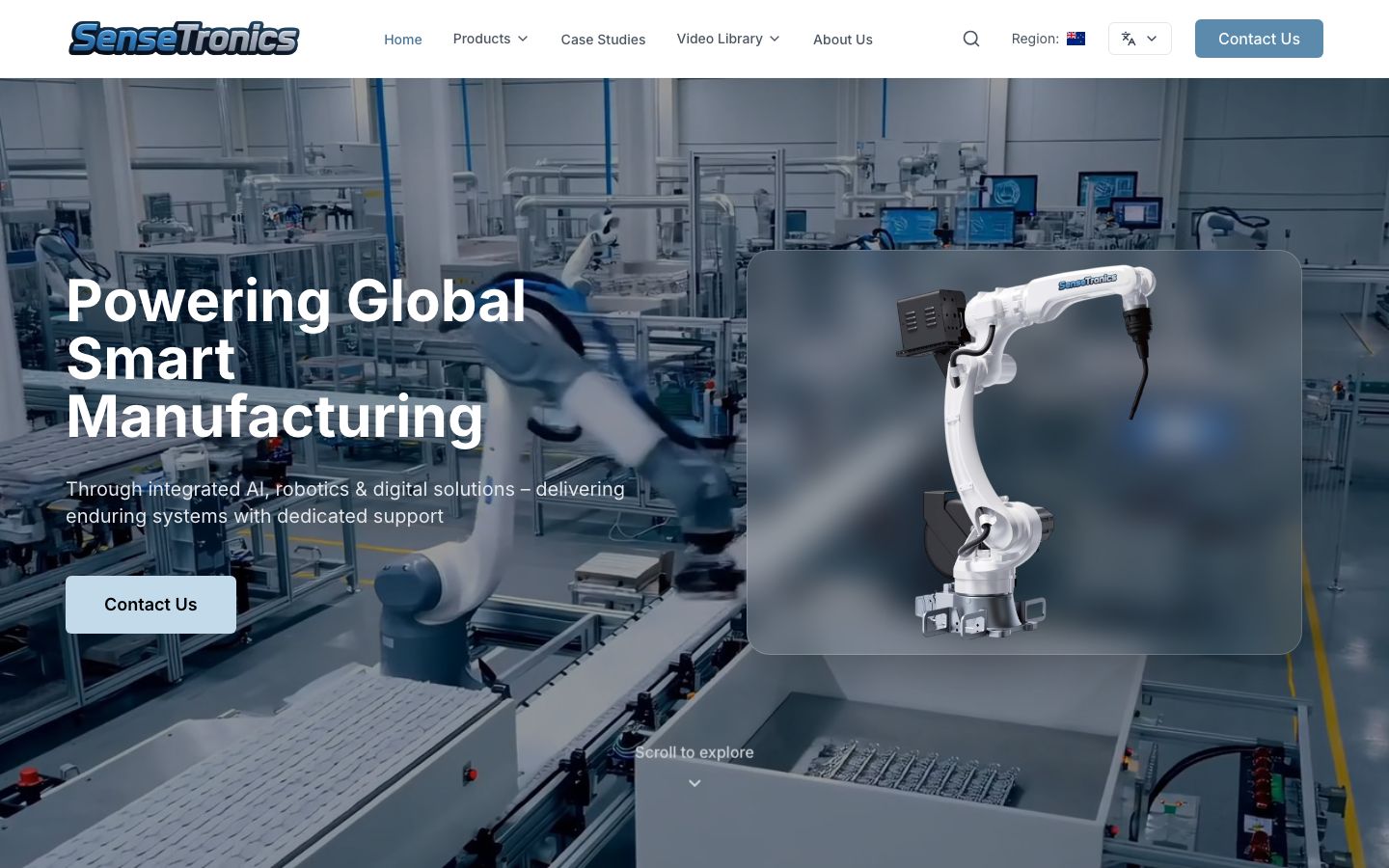 SenseTronics industrial robotics website screenshot